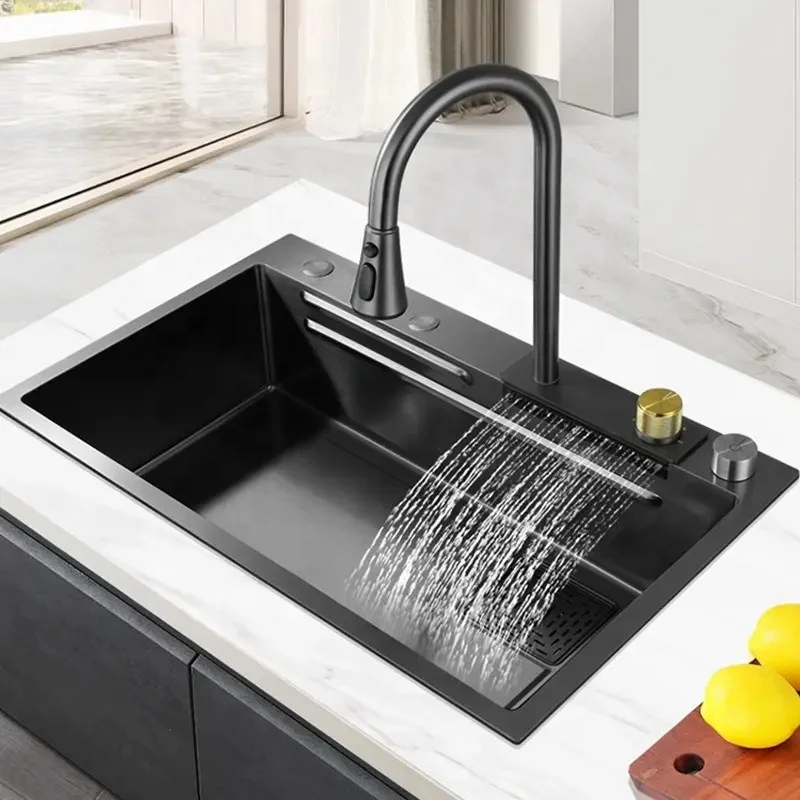 Voriva Multifunction Kitchen Sink 304 Stainless Steel Kitchen Sink Faucet Modern Waterfall Rainfall Single Bowl Kitchen Sink Set 4