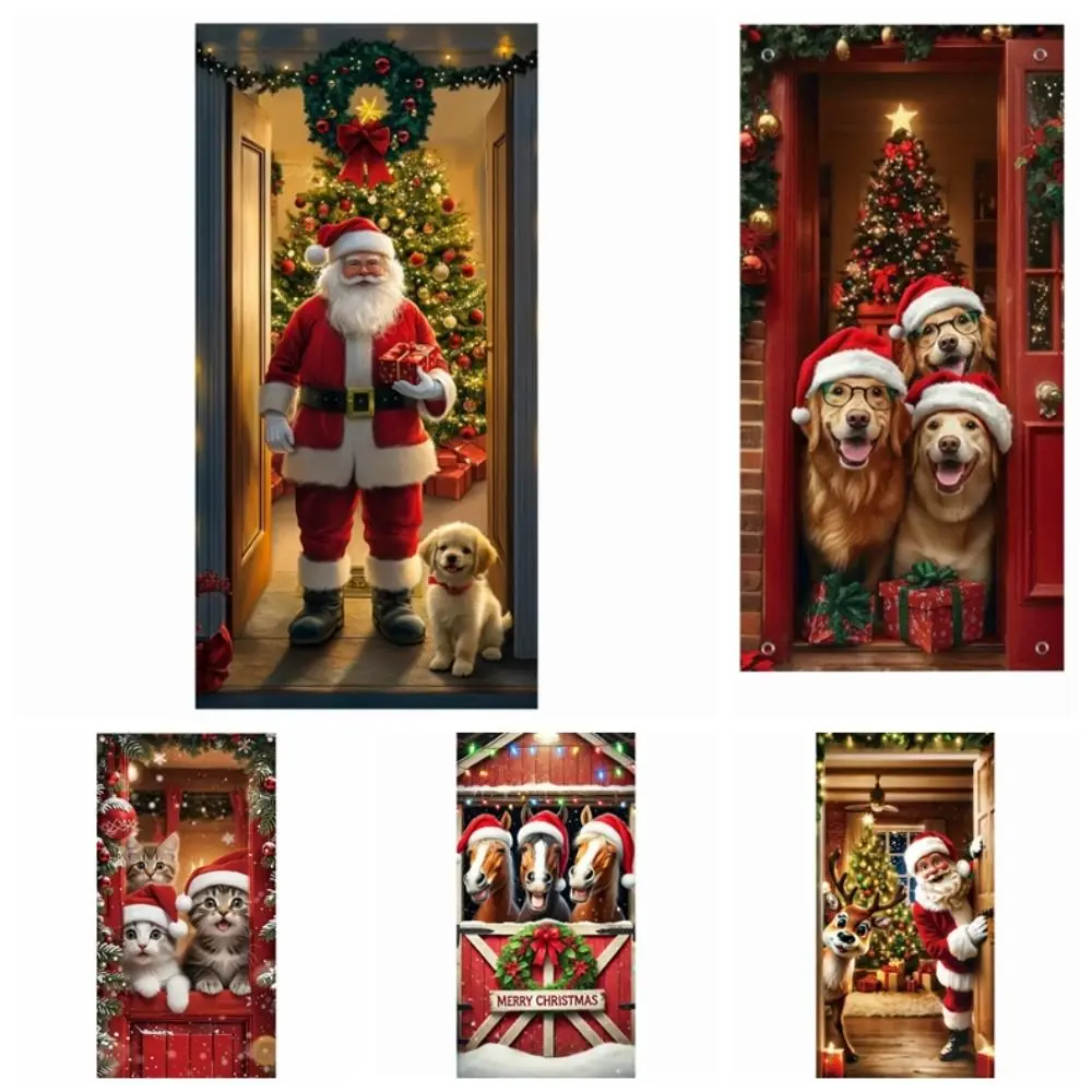 Animals Theme Christmas Door Cover 35.4x70.8" Dog Cat Christmas Hanging Cloth Background Santa Claus New Year Decoration
