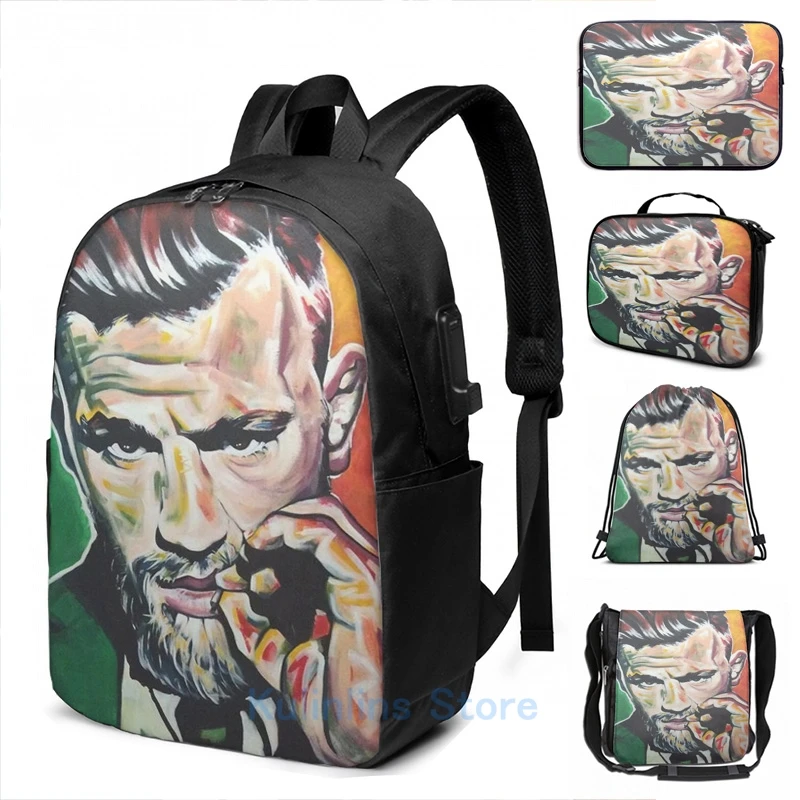 

Забавный графический принт Conor McGregor, ирландский тематический художественный рюкзак с USB-зарядкой, мужские школьные сумки, женская сумка, дорожная сумка для ноутбука