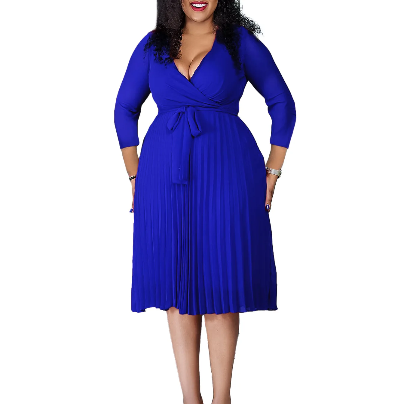

Women's Clothing 2024 New Fashionable Temperament Casual Elegant Solid Color V-neck Long Sleeved Pleated Dress