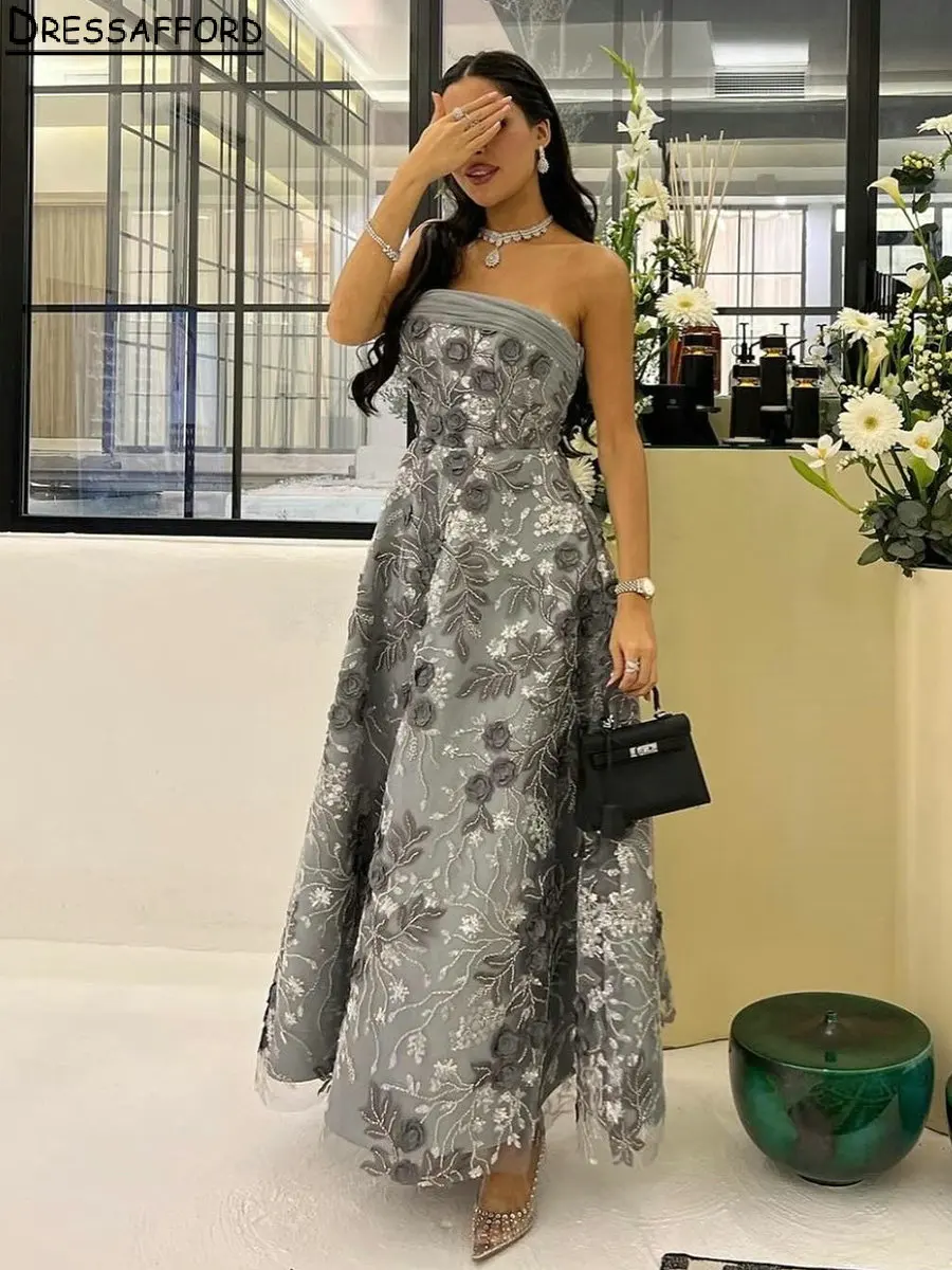 

Серебристые кружевные блестящие вечерние платья-трапеции Дубая без бретелек с накидкой с 3D цветами вечернее платье