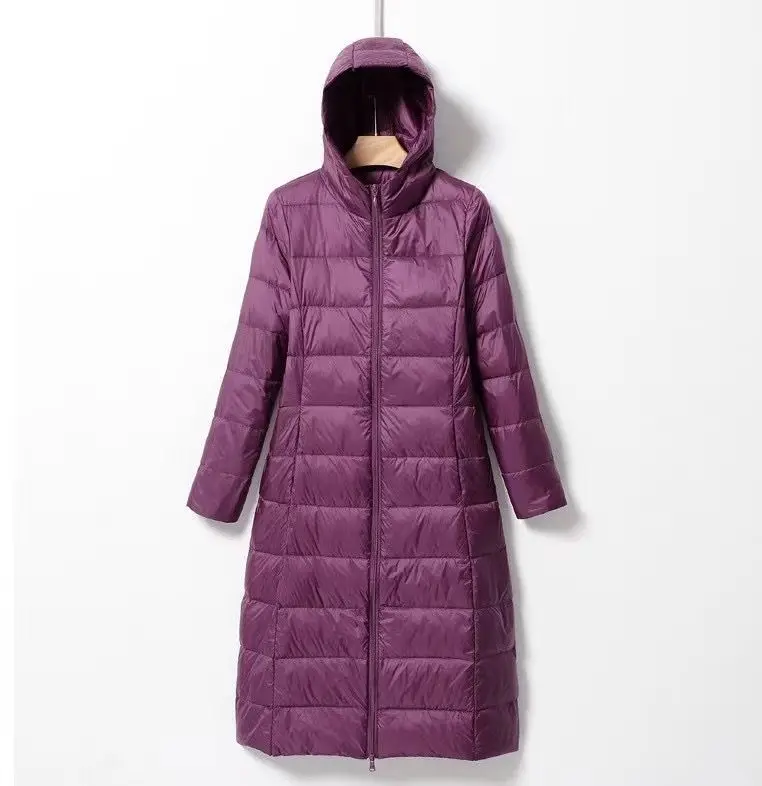 Women's Lightweight Down Jacket Long White Duck Down Coat Hooded Slim Fit Thin Winter Outerwear Puffer Jacket Women JK-071