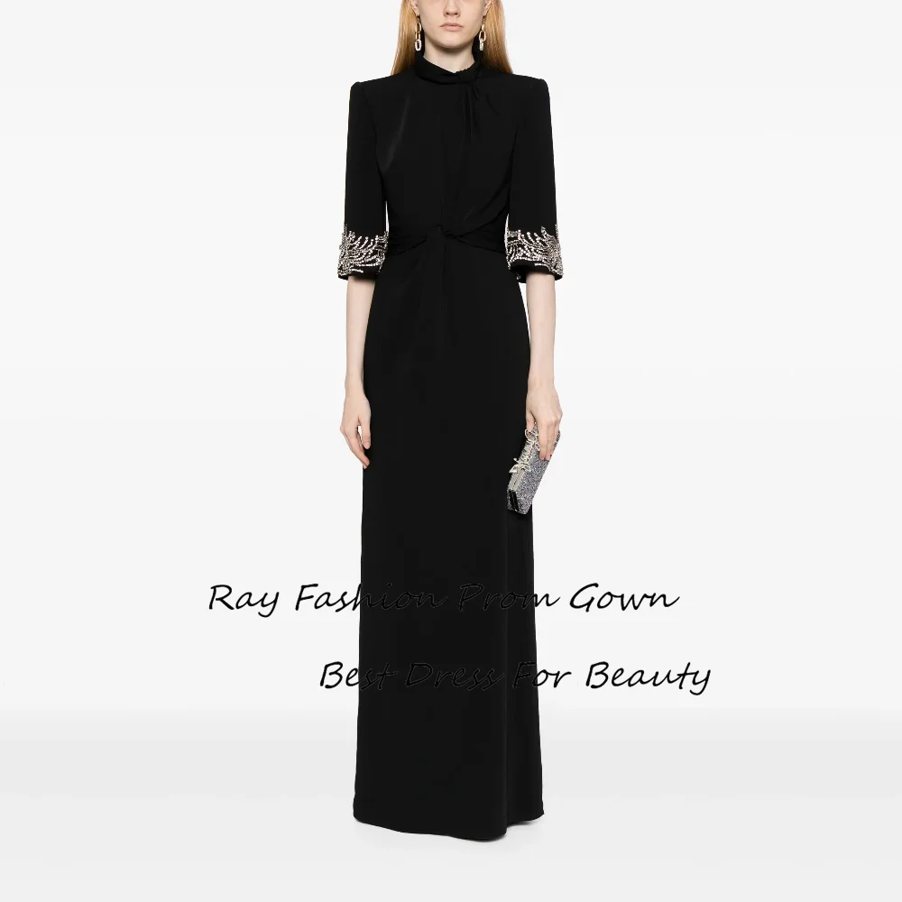 

Ray Fashion A Line Prom Dress High Neck Half Sleeves With Beading Floor Length Women Formal Occasions فساتين سهرة Saudi Arabia