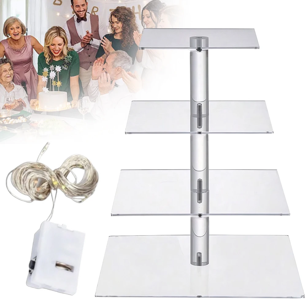 3/4 Tier Acrylic Cupcake Display Stand with LED Light Cupcake Tower Stand Square Display Stand for Birthday Wedding Party