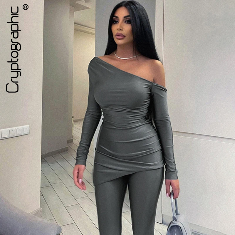 

Cryptographic Casual Fashion One Shoulder 2 Piece Sets Outfits for Women Tracksuits Top and Pant Suits Matching Sets Bodycon