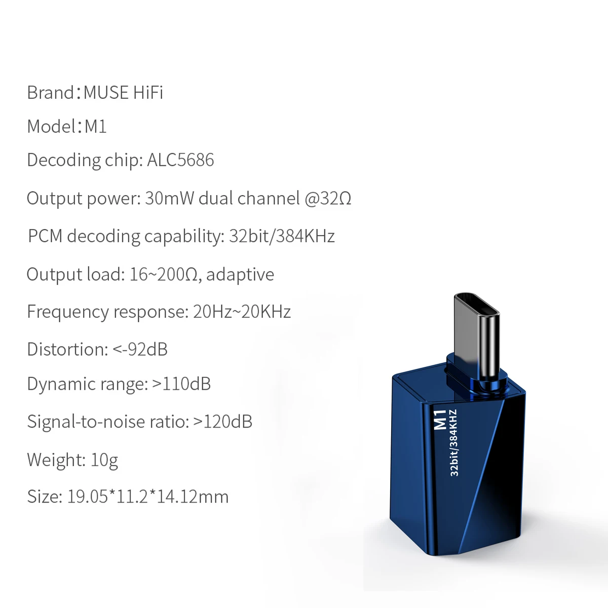 MUSEHIFI 2023 C타입-3.5mm 디코딩 앰프, DAC, 384kHz, 32bit 오디오 어댑터 칩, 7HZ 타임리스 Dioko S12 ATOM2 적용, M1 블루, 신제품