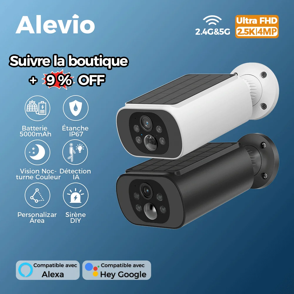Caméra de sécurité solaire WiFi extérieur Alevio 2.5K, vision nocturne couleur, détection PIR et AI pour surveillance étang