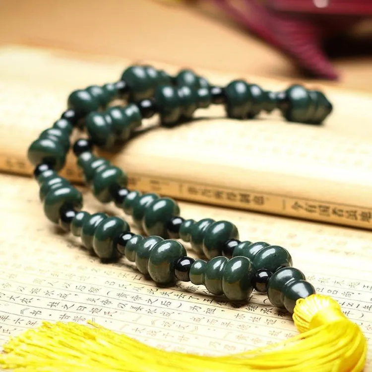 

Natural Green Jade 18 Bead Bracelet Men Women Amulet Genuine Hetian Jades Nephrite Gourd Beads 18 Rosary Tassel Bracelets Bangle