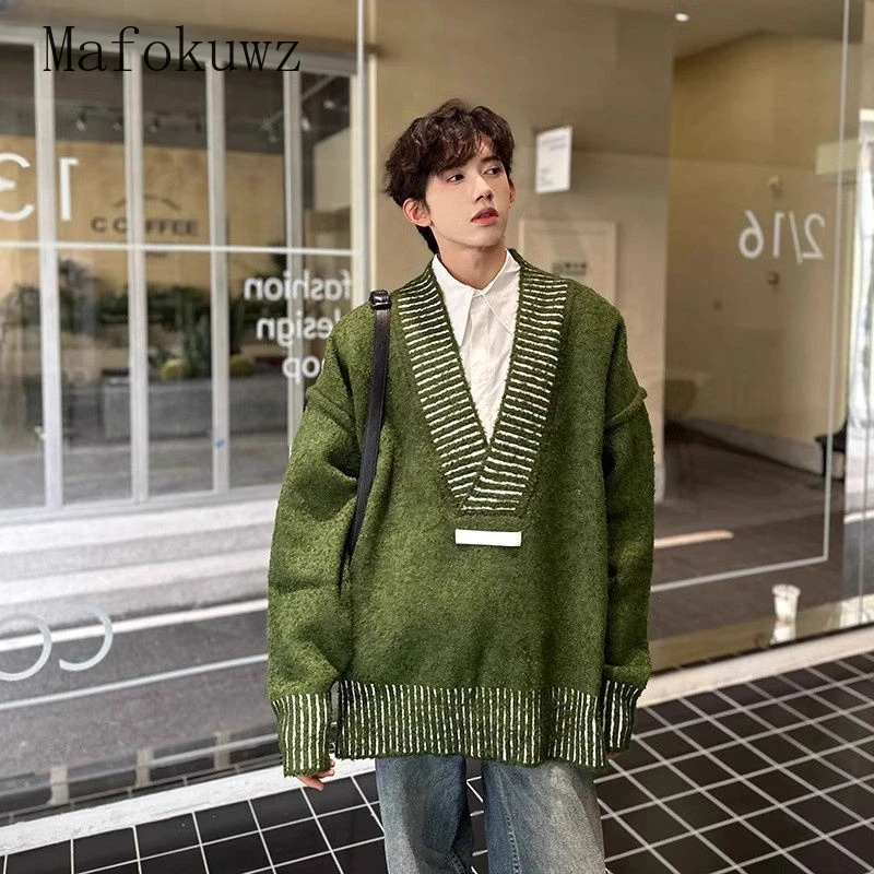 American Vintage Contrasting Color Splicing Slit Sweater Couple Loose Casual High Street Sweaters Pullover Male Clothes