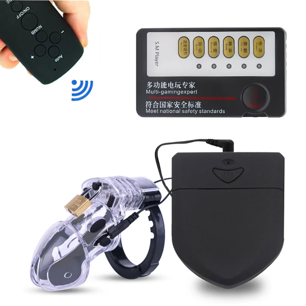 Mens-Adjustable-Shock-Penis-Cock-Cage-E-Stim-Chastity-Device-Electro-control-box-with-Remote