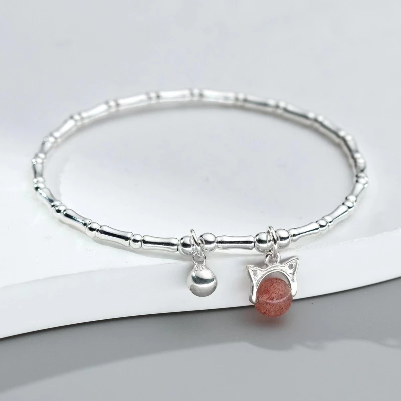 

S925 Sterling Silver Cat Strawberry Crystal Bamboo Bracelet Instagram Style Sweet and Elegant Handicraft