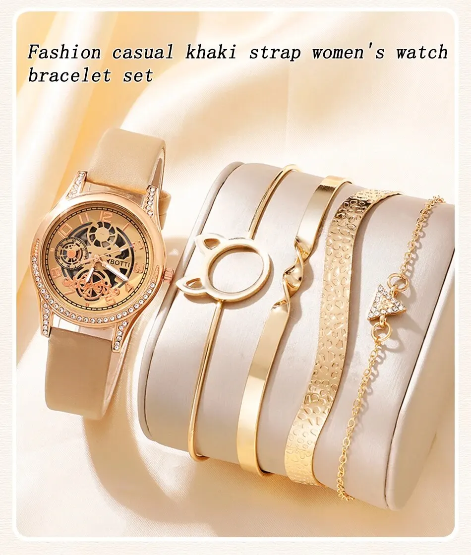 Se52b79c830da46888653274451e7d047M Women's Fashion Watch Casual Khaki Leather Belt Watches Ladies Rhinestone Quartz Wristwatches Bracelet Set Clock Montre Femme Mallzona