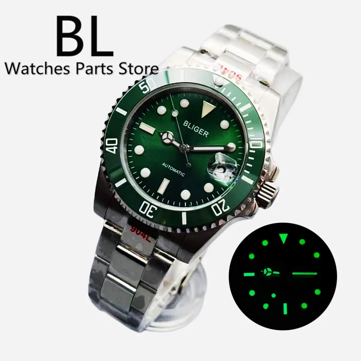 

BLIGER 40mm Luxury Watch For Men 24 Jewels NH35A MIYOTA 8215 PT5000 Green Dial Bezel Luminous Oyster Strap Sapphire Crystal Date