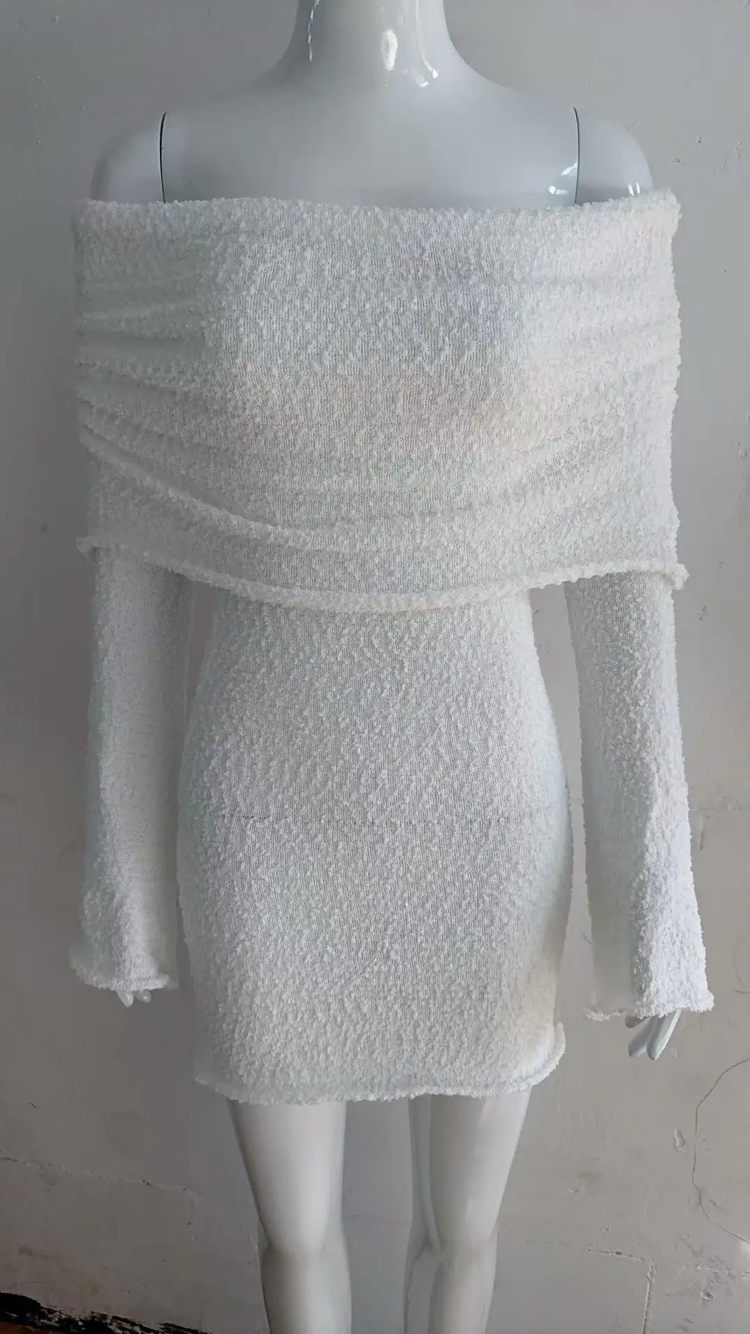 2025 Sexy Slash Neck Ruffle Bodycon Party Dress Summer Autumn Women Long Flare Sleeve Thin Hollow Out See-throught Mini Dresses