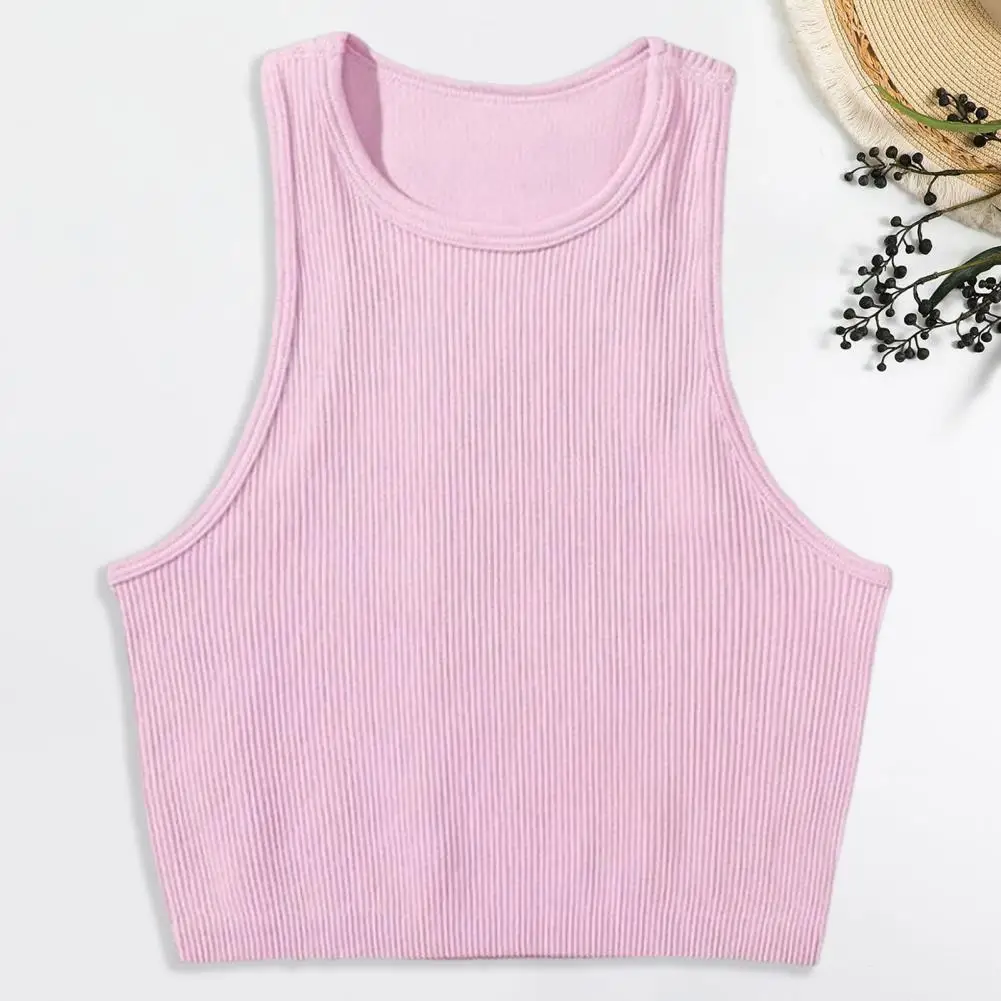 

Elastic Women Vest Slim Fit Women's Running Vest Sleeveless Round Neck Short Style Yoga Top Solid Color Ribbed Crop for Active