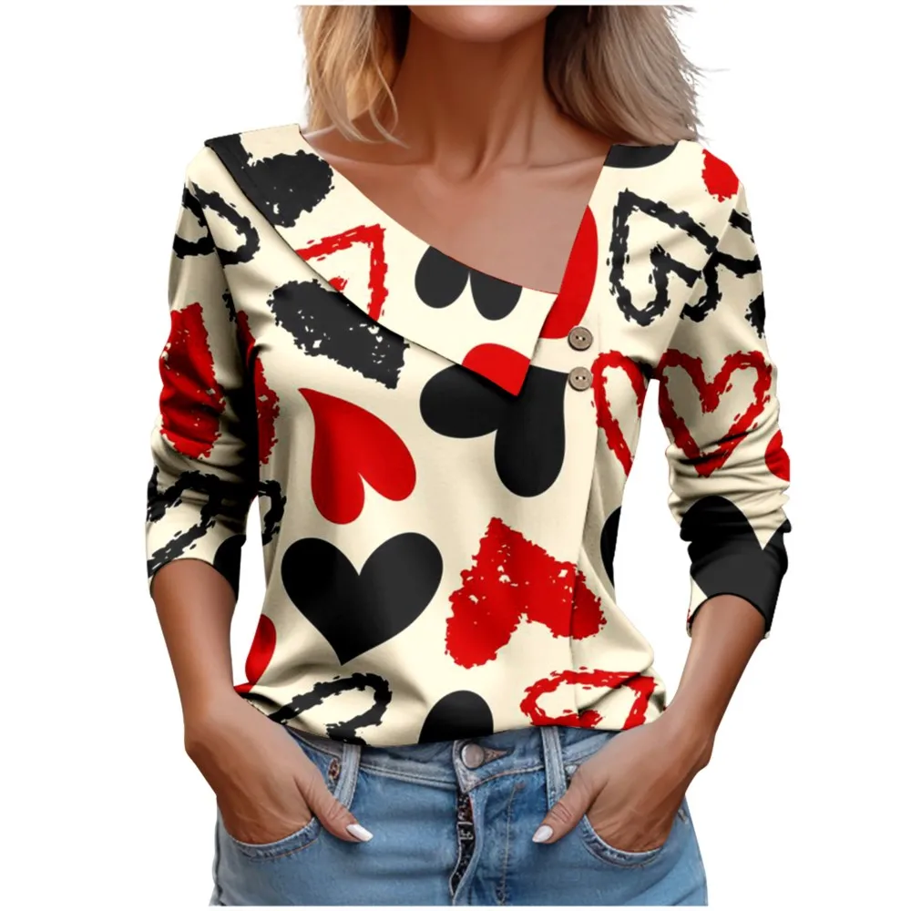 

3D Love Printed Casual T-shirt For Women Spring And Autumn V-neck Patchwork Two-button Long-sleeved Pullover Top Female Blouse