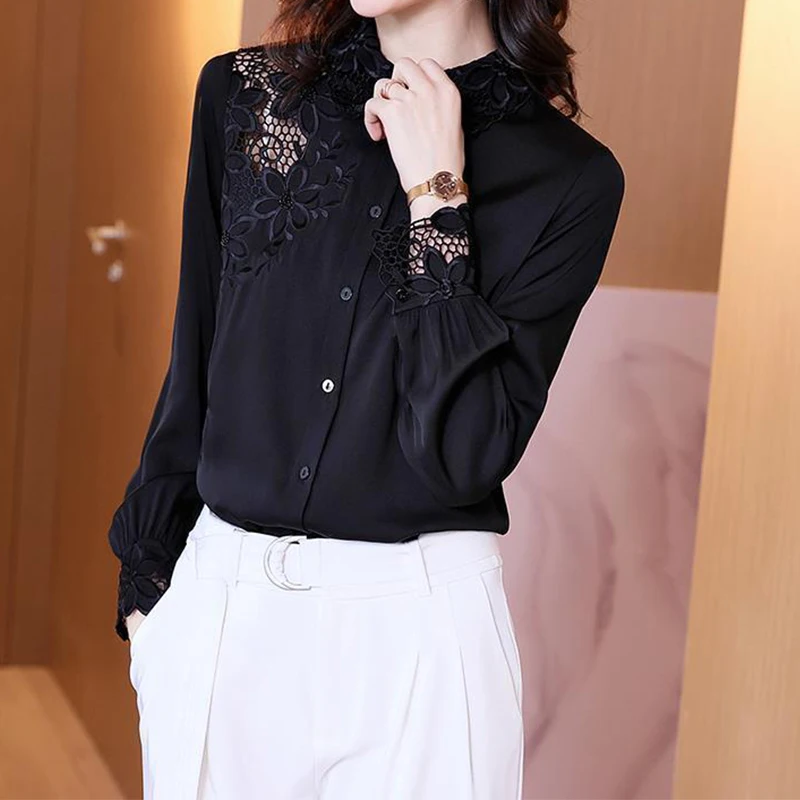 여성용 캐주얼 턴다운 칼라 블라우스, 자수 할로우 아웃 가디건 셔츠, 여성용 쉬폰 상의, 봄 가을 패션