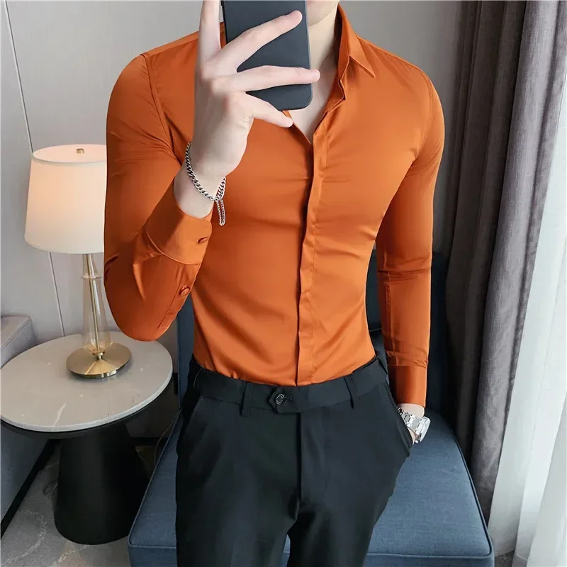 

2022 Men's Shirt High Elasticity Seamless Long Sleeve Slim Casual Shirt Solid Color Business Formal Dress Shirts Social Blouse