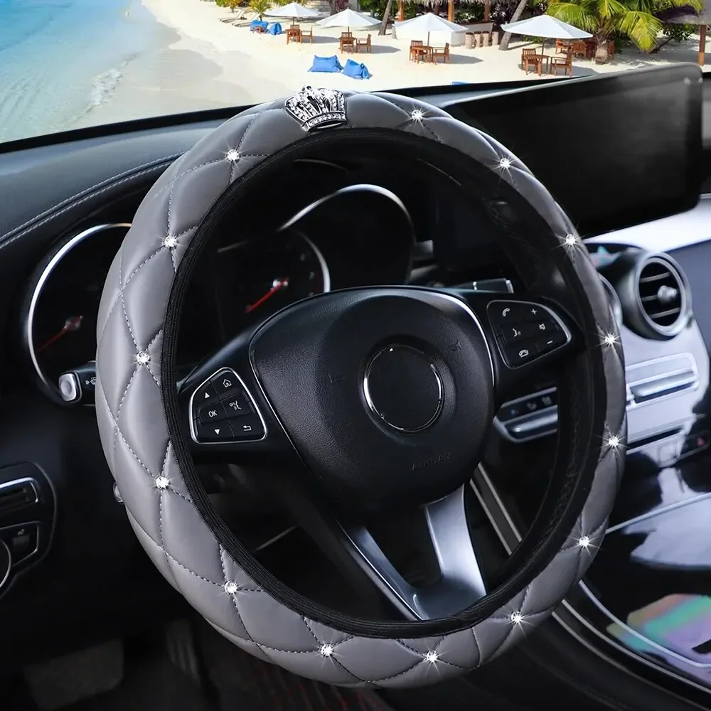 Steering Wheel Cover Universal Car Steering Wheel Cover 37-38cm PU Leather Diamond-encrusted Crown Steering Wheel Cover Four Seasons Car Accessories