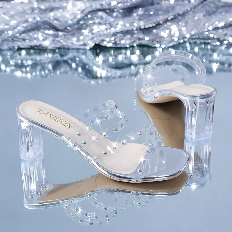 

Women Crystal Clear Transparent Sandals Slippers Women Fashion Rivets Block High Heels Slide Chunky Mules Wedding Shoes New 2023