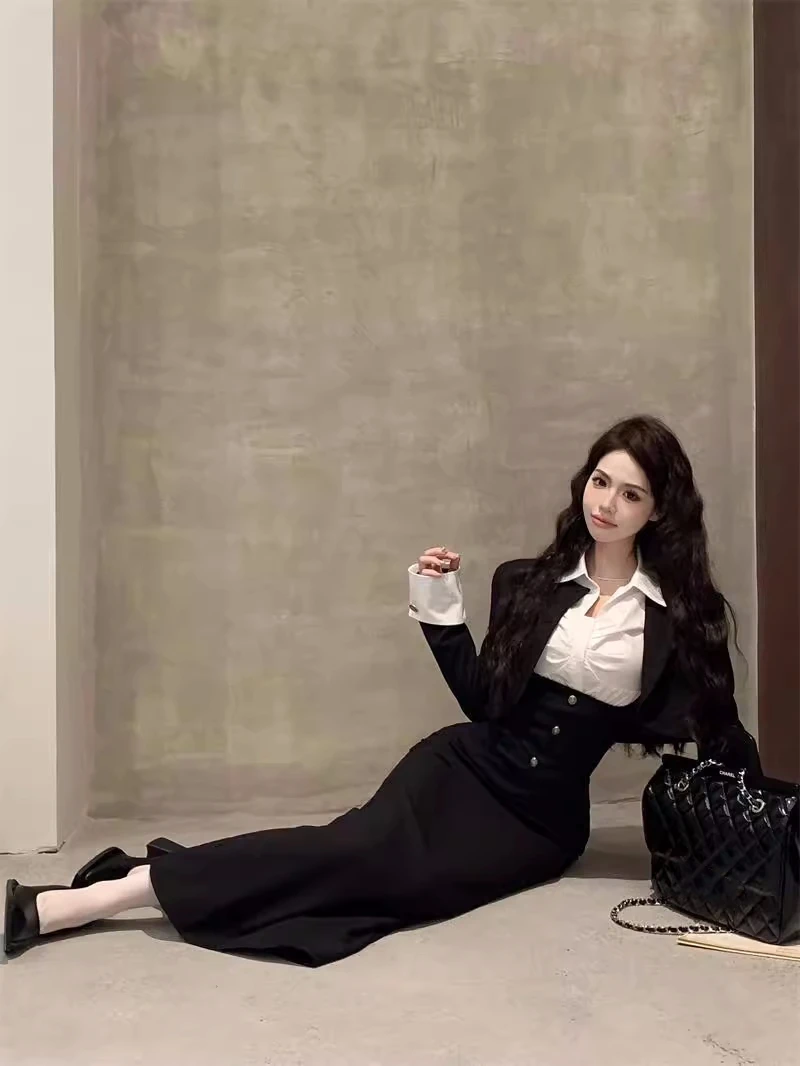 Y2K 3-piece Set Women Crop Coat Blazer White Shirt Halter Sleeveless Bodycon Midi Dress Autumn New Female Korean Chic Outfits