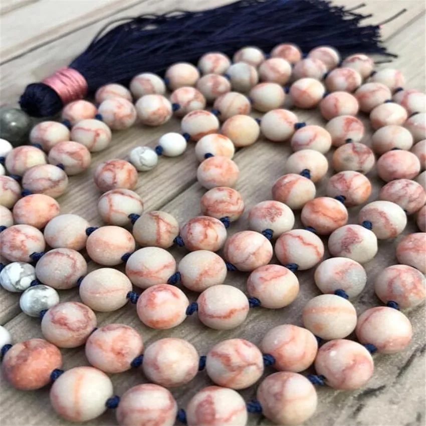 8mm Rhodochrosite Gemstone Howlite Tassel Mala Necklace Stone Metal Prayer Trendy  Meditation Lariat Spiritual Men 108 Beads