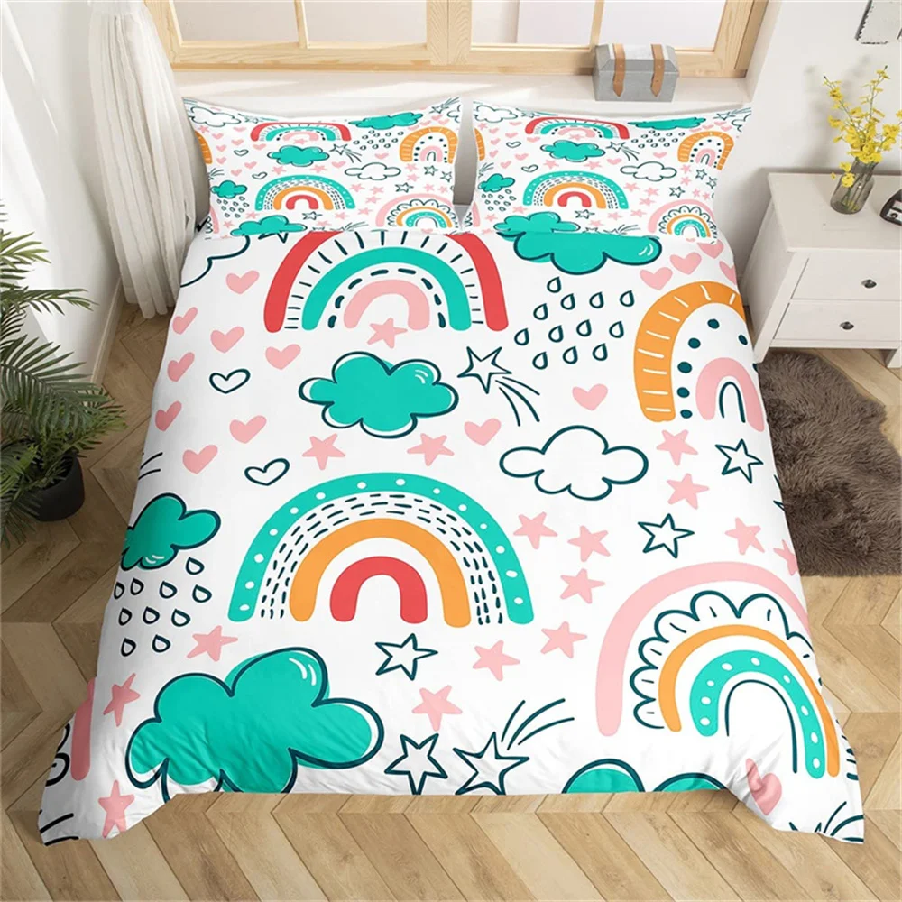 

Cute Rainbow Duvet Cover Set Single for Microfiber Cartoon Bedding Set Sun Moon Star Comforter Cover Teens Girls Room Decor