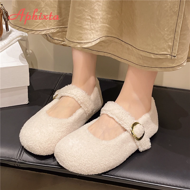 Aphixta Flat with Furry Shoes for Woman Soft Short Plush Buckle Women's Loafers Korean Style Ladies Shoe Luxury Brand Shoes