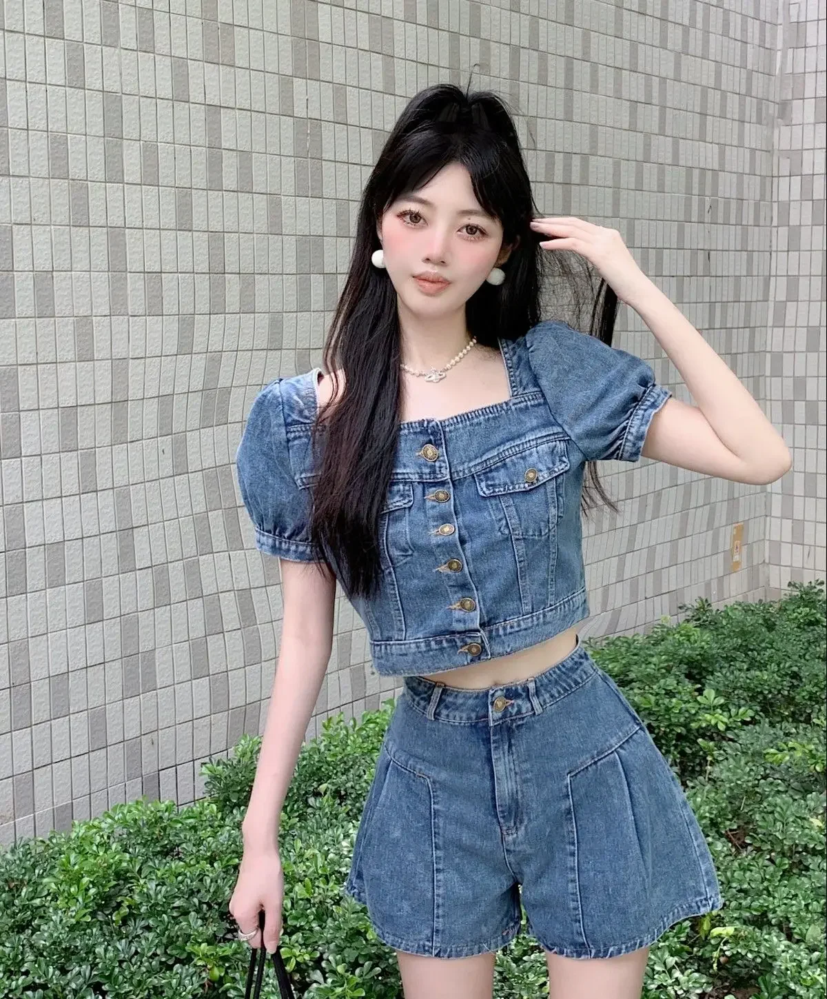 Women's Summer Shorts Suit Korean Fashion Square Neck Denim Short Top Chic and Elegant Hight Waist Shorts for Women 2 Piece Sets