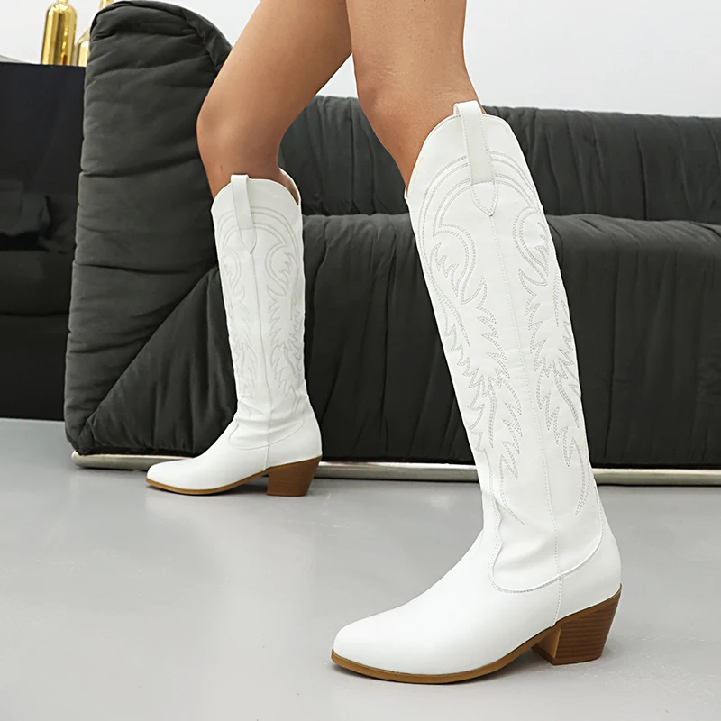 Kcenid Cowboy Knee High Boots Women Western Fashion Embroidery Pointed Toe Long Boots Vintage Slip On Women Boots Plus Size 46