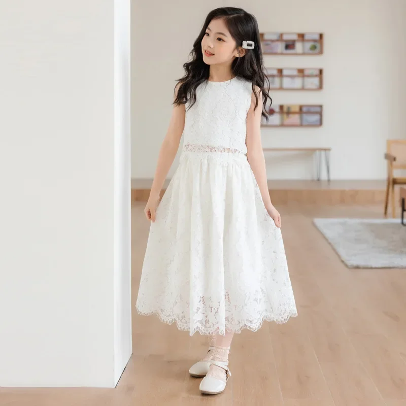 

Girls Lace Clothing Set 2023 Summer New Children Sleeveless Vest and Elegant Skirt Two-Piece Suit Fashion, #7452