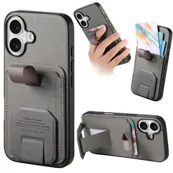 Shockproof Adjustable Phone Case with Finger Strap Holder and Card Slot, Dual - Position Stand - iPhone 15 Plus (GRAY)