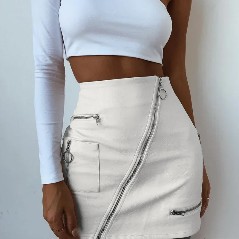 Women Stylish PU Leather White Zipper Patchwork Skirt High Waist Skirt Korean Solid Color Short Sexy Bodycon Skirts Mini Bottom