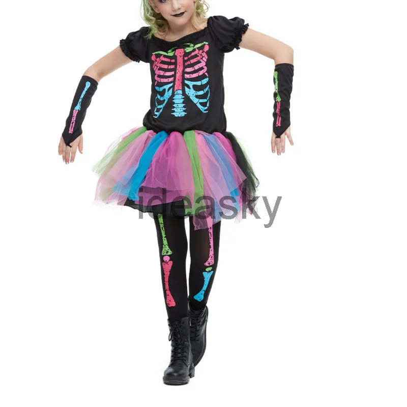 Rainbow Skeleton Girl Costume Toddler Funky Punky Bone Costume Carnival Purim Halloween For Kids Cosplay Costume,Halloween Dress Outfit