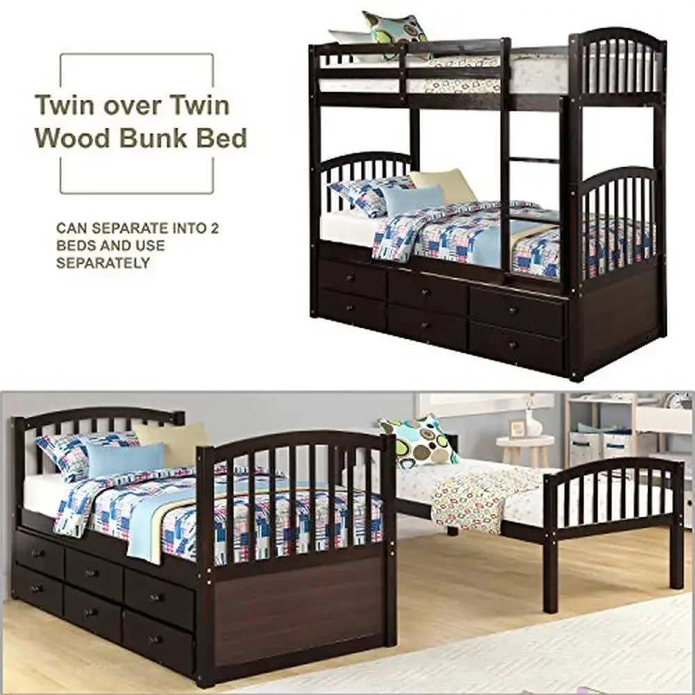 Twin Trundle Bunk Bed with 3 Drawers Kids Bedroom Guest Room Sturdy Easy Assembly Safe Rails Separate Beds Storage- 79.5"L x 3