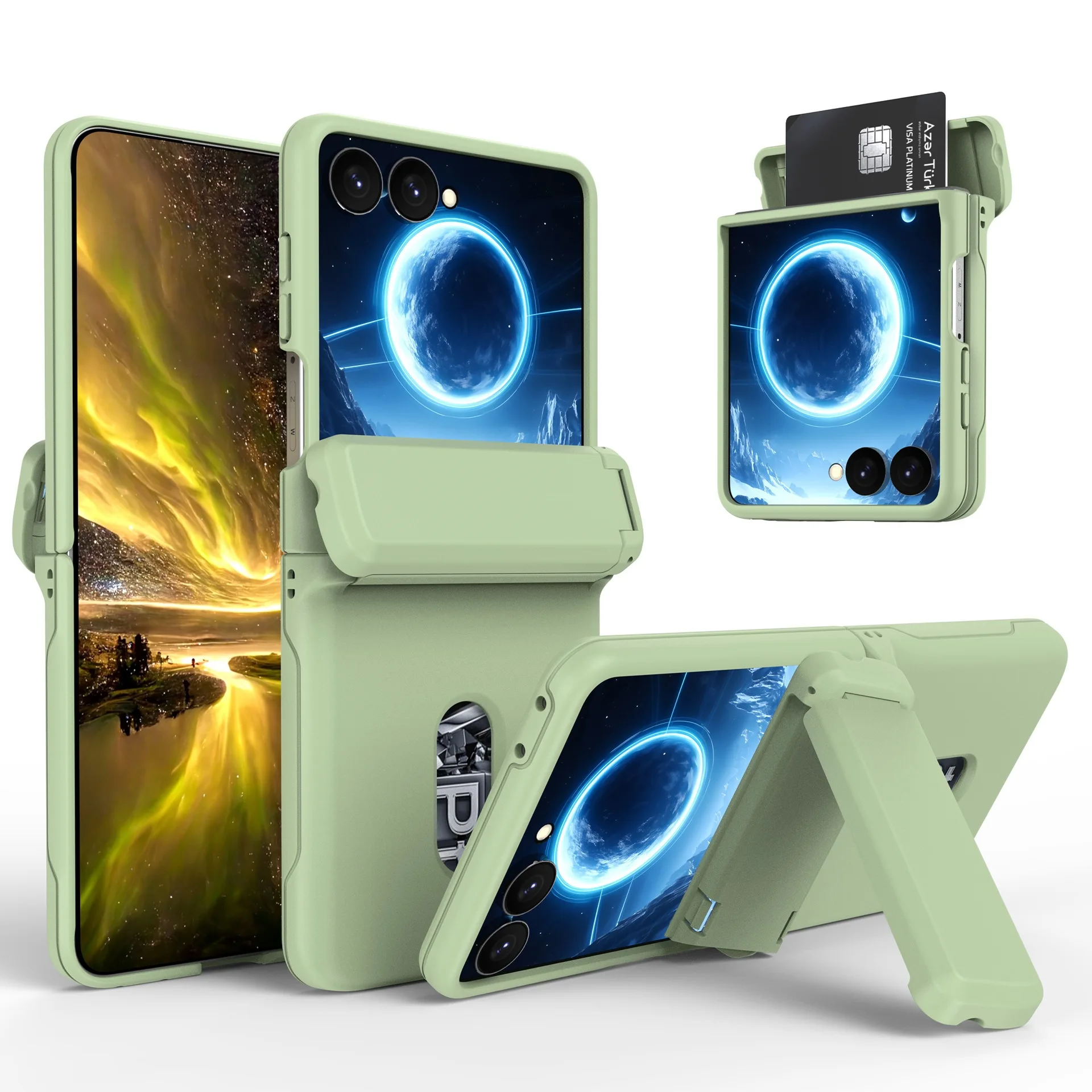 Folding Wallet Card Holder Phone Case with Shockproof Bracket and Hinge Cover