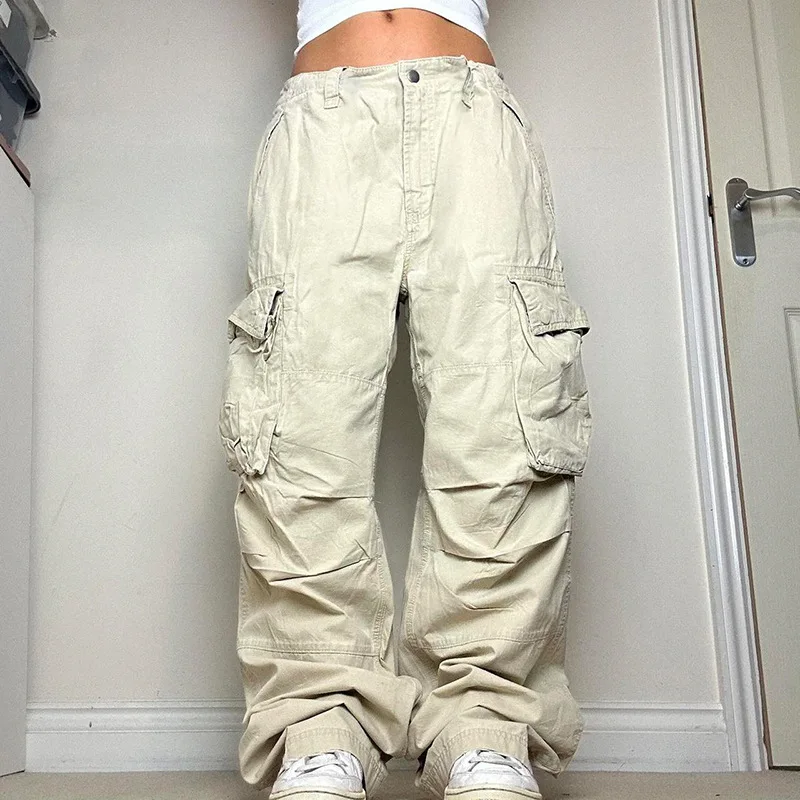 

Y2K Chic Stitched Cargo Jeans for Women Retro Street Style Baggy Denim Pants Harajuku Basic Straight Leg Trousers New