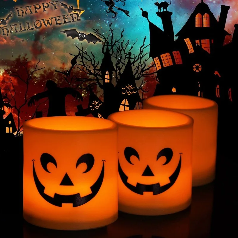 

Halloween Ghost Face Night Lights Cylindrical Electronic Lights Flameless Flashing Led Candles Lamp for Party Home Desktop Decor