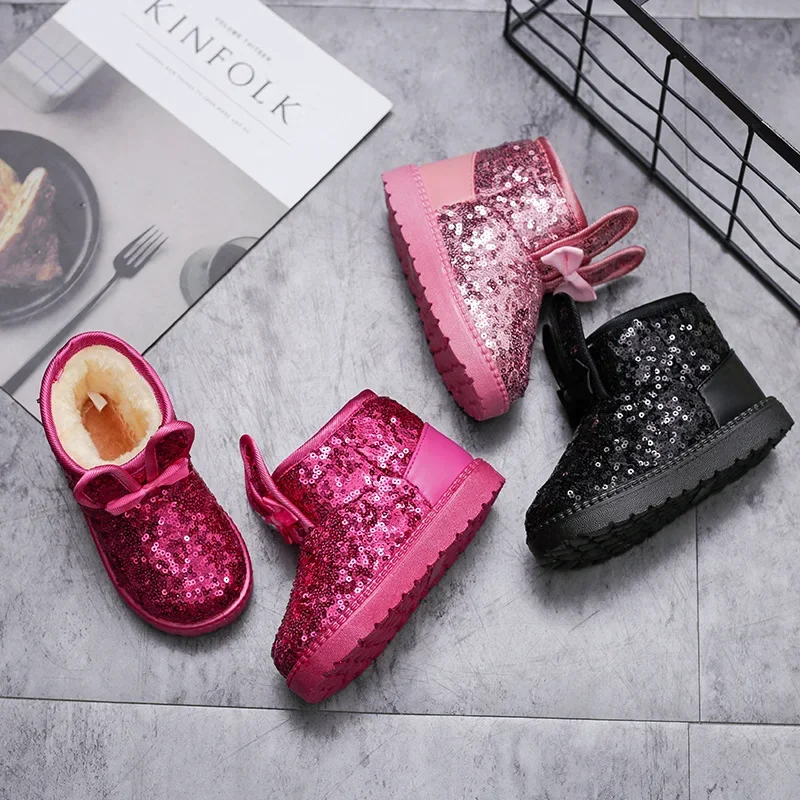 Girls Snow Boots Bunny Ear Bowtie Sequins Cute Winter Warm Ankle Boots Princess Toddler Non-slip Fashion Kids Boot Glitter Bling