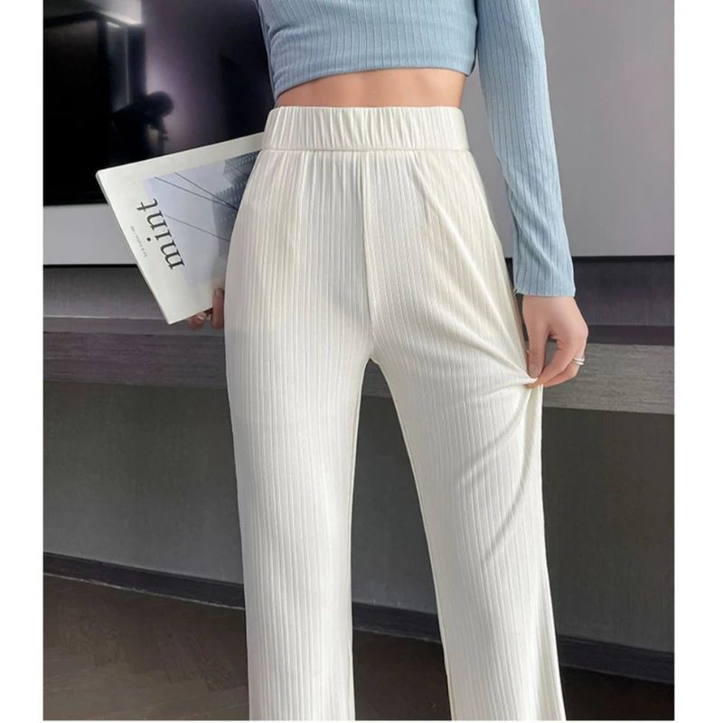 캐주얼 하이 웨이스트 아이스 실크 플레어 바지 여성용, 얇은, 솔리드, 밀대 걸레 바지, 부드럽고 편안한, 탄성, 여름