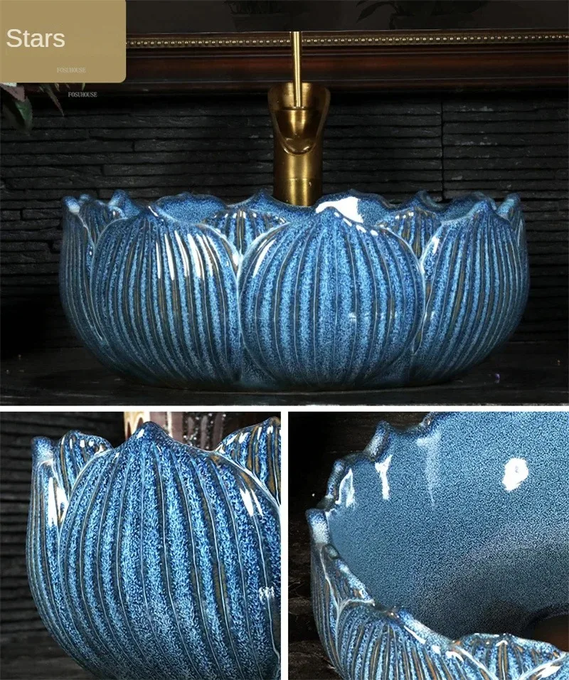 Chinese Ceramic Bathroom Sinks Art Lotus Countertop Basin Vintage Home Bathroom Washbasins Kitchen Washing Sink Overhead Sinks