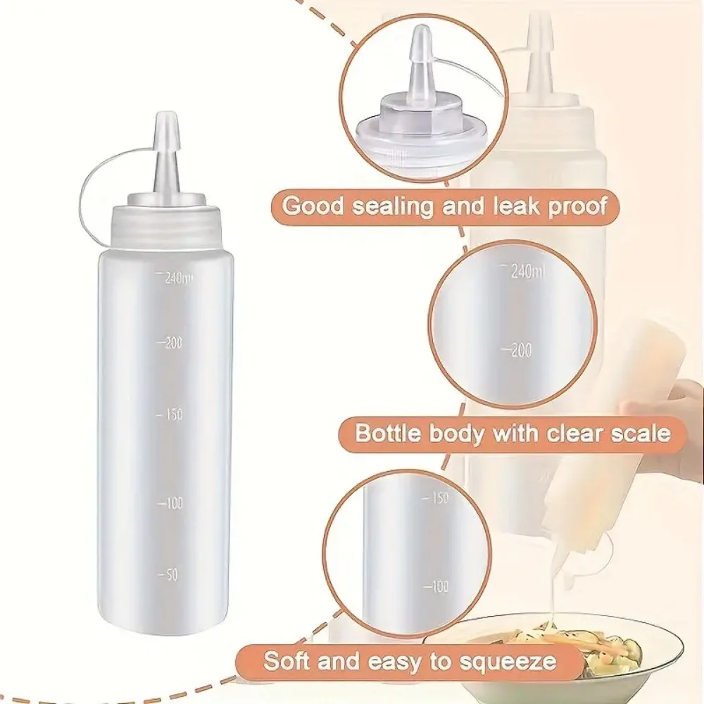 Condiment Squeeze Bottles 6pcs 240ml Condiment Squeeze Bottles Plastic Squeeze Squirt Bottles with Twist on Caps and Measurement for BBQ Sauces Salad Oil