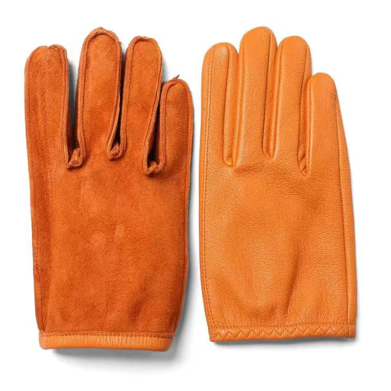 Leather Gloves For Men Winter Male Unlined Elastic Wrist Pure Sheepskin Soft Orange Luvas Arm Warmer Riding Driving Handschuhe