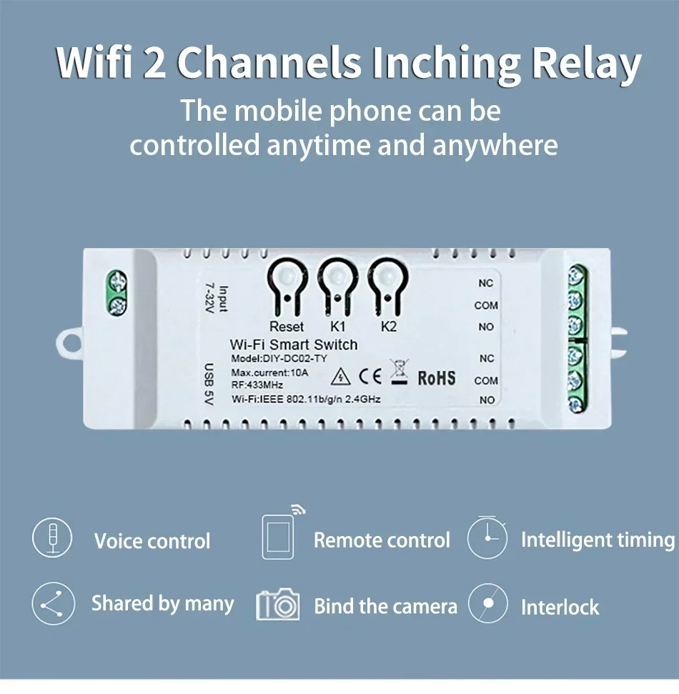 Tuya Smart Switch Wifi Garage Door Wifi Relay Switch RF 5-32/85-265V Self-lockin