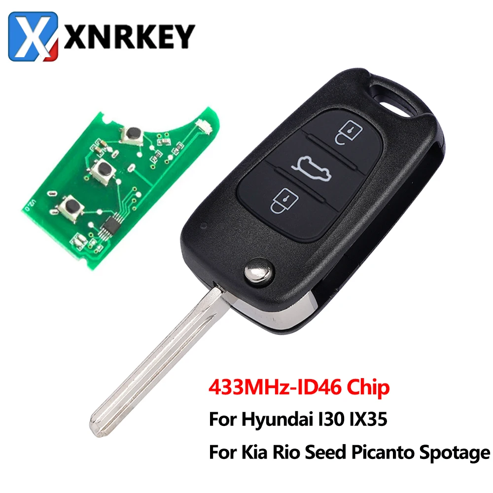 XNRKEY 3 Button Flip Folding Remote Key ID46 Chip 433Mhz for Hyundai I30 IX35 for Kia Rio Seed SeedPro Picanto Sportage Car Key