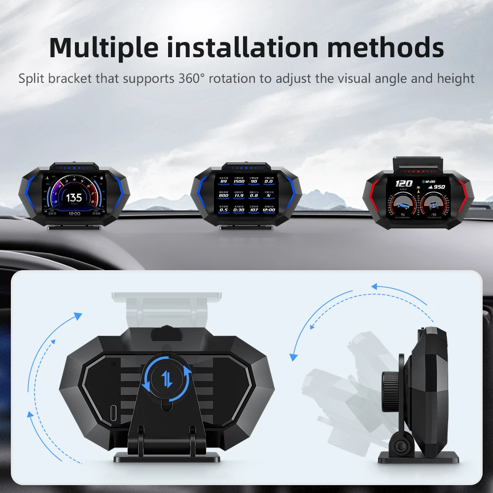 Head up display OBDII Smart digital speedometer meter HUD P24 Car head up display OBD+GPS system Inclinometer Fuel consumption Overspeed alarm
