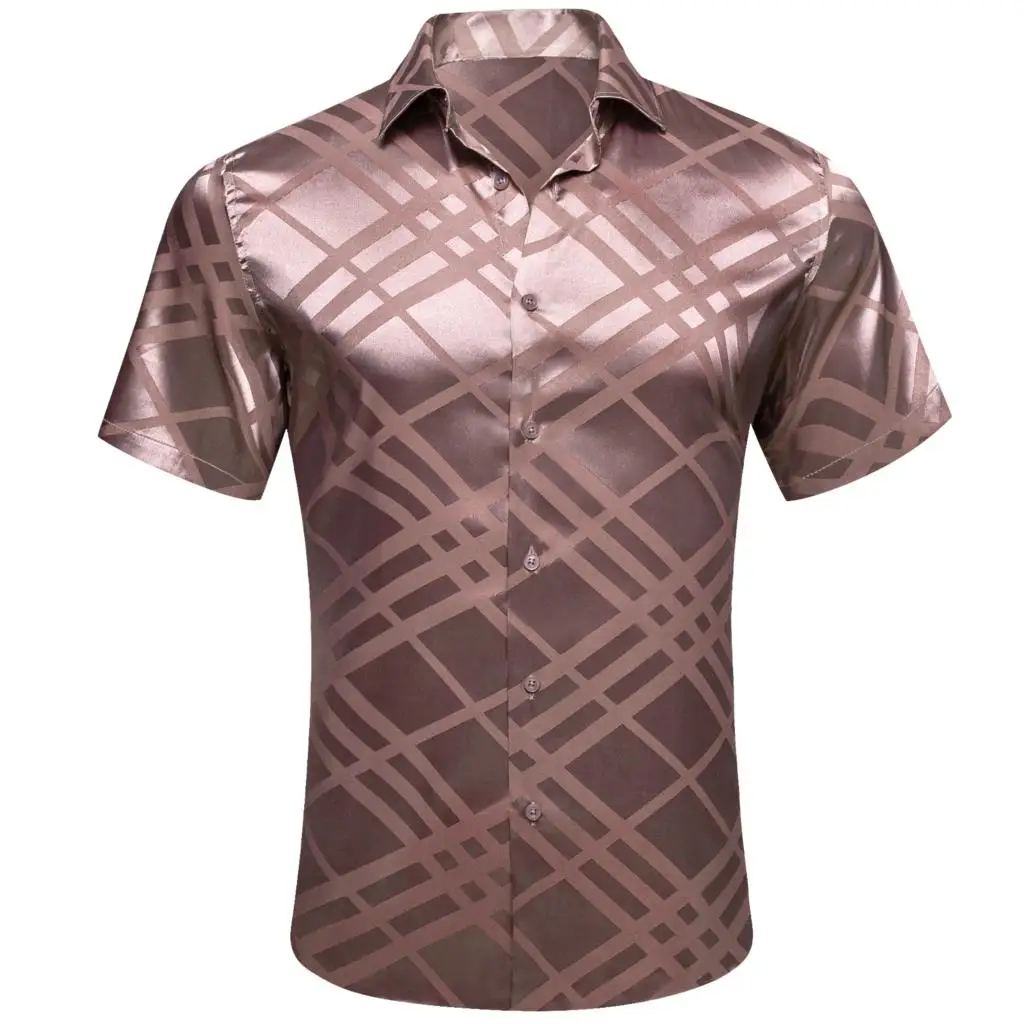 

Designer Summer Shirts for Men Short Sleeve Silk Satin Pink Plaid Slim Fit Male Blouses Lapel Casual Tops Breathable Barry Wang