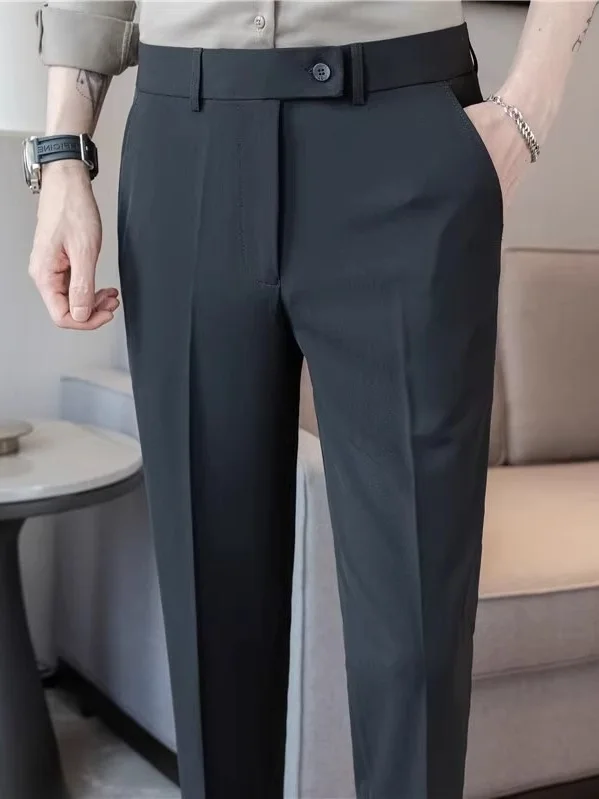 Summer Thin Men's White Casual Suit Pants Nine-Piece Button Busin Trendy Straight Leg Youth Workwear Pure Color Trousers