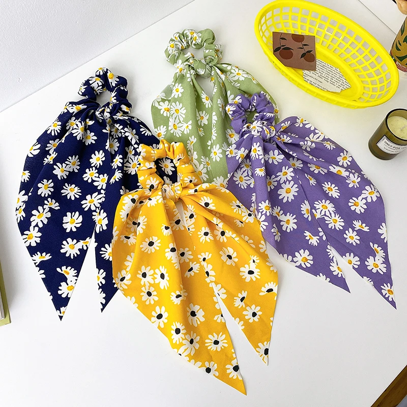 

Hot Sale Korean Daisy Printed Fabric Headband Fashion Lady Bow Hair Scrunchies For Custom