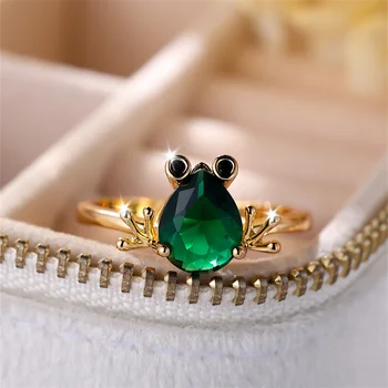Unique Animal Frog Rings For Women Antique Gold Color Water Drop Green Zircon Wedding Bands Crown Index Finger Ring Jewelry Gift